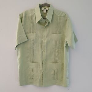 Mojito 100% Linen Guayabera Chacabana Shirt Sze L Short Sleeve Sage Green Casual